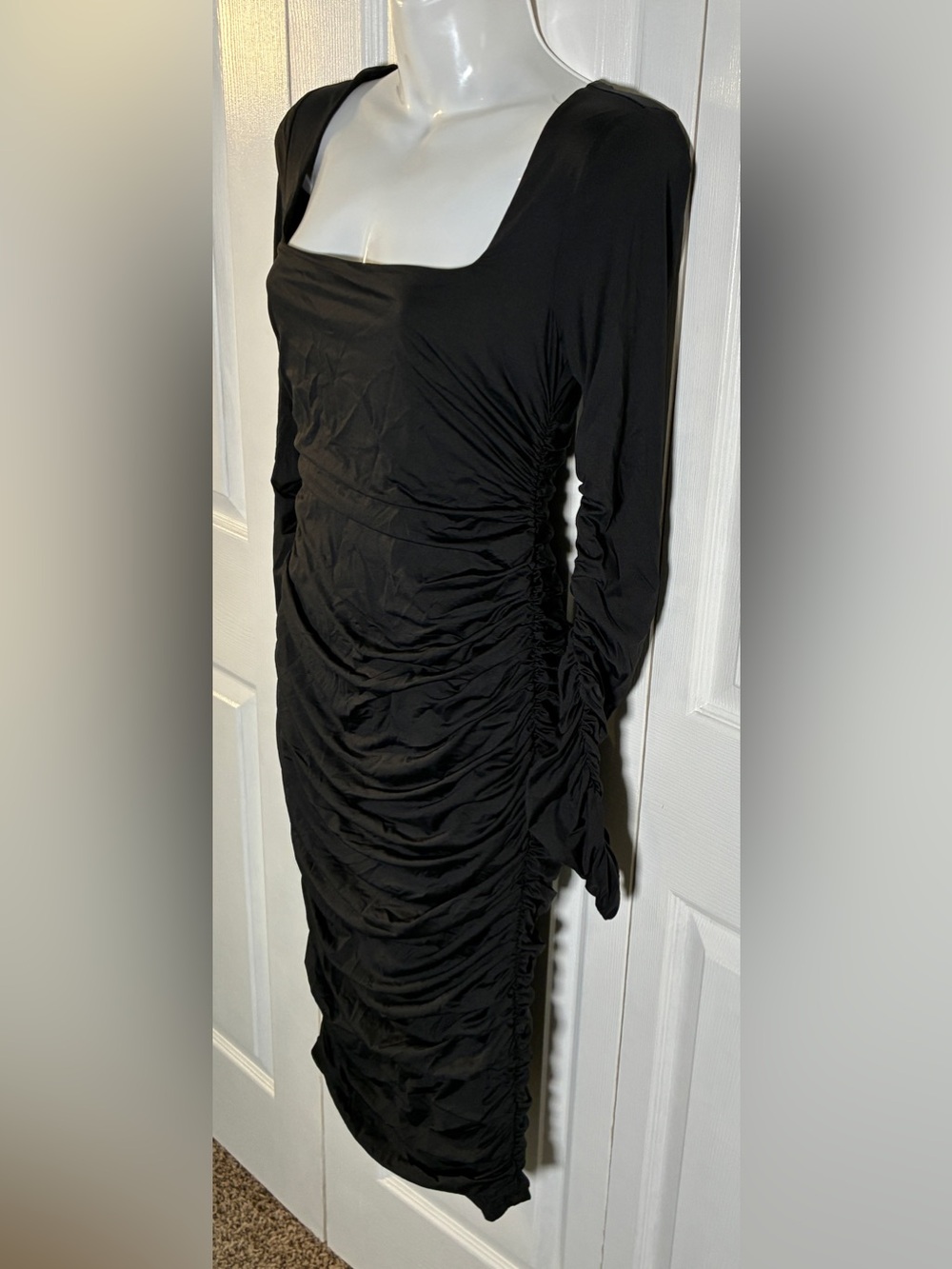 Black Ruched Long Sleeve Bodycon Midi Dress | Square Neck | Size M - Picture 2 of 9